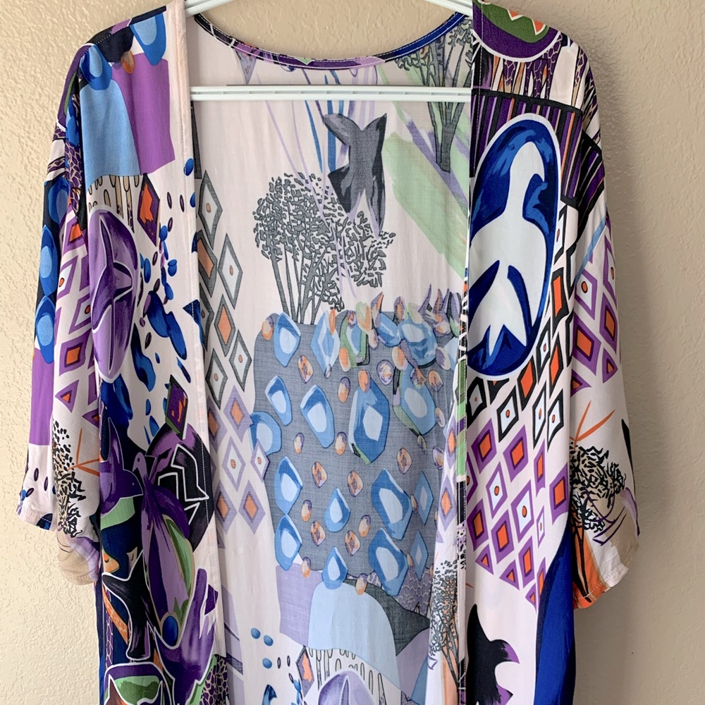 RANRUI Purple Bird Geometric Print Artsy Beachy Open Front Long Kimono O/S
